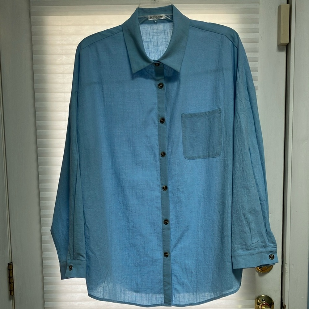Women’s Size 24 W Blue Button-Up Long Sleeve Shirt Blouse 100% Cotton